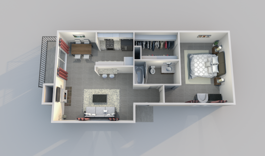 a 3d rendering of a two bedroom apartment at The Caldera Apartments