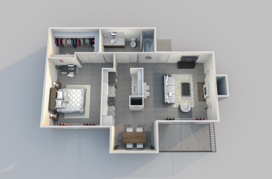 a 3d rendering of a two bedroom apartment at The Caldera Apartments