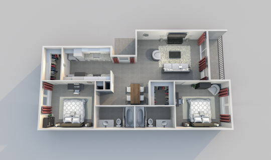 a 3d rendering of a two bedroom apartment at The Caldera Apartments
