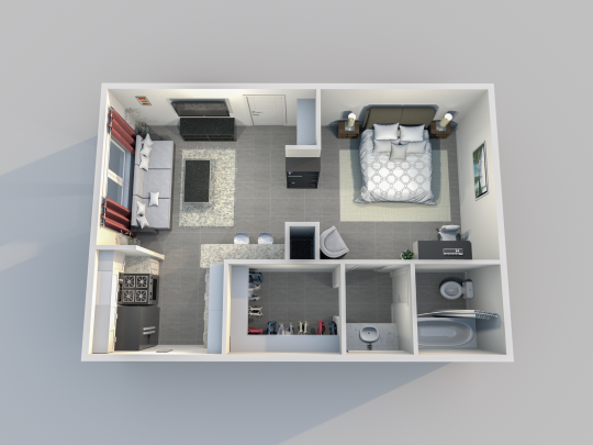 a 3d rendering of a small apartment with a bedroom and living area at The Caldera Apartments