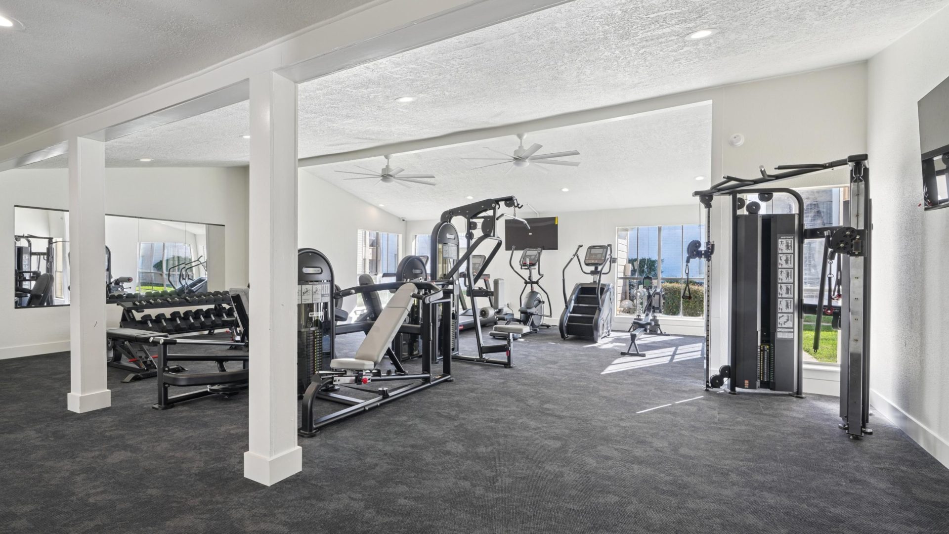 a large room with a lot of windows