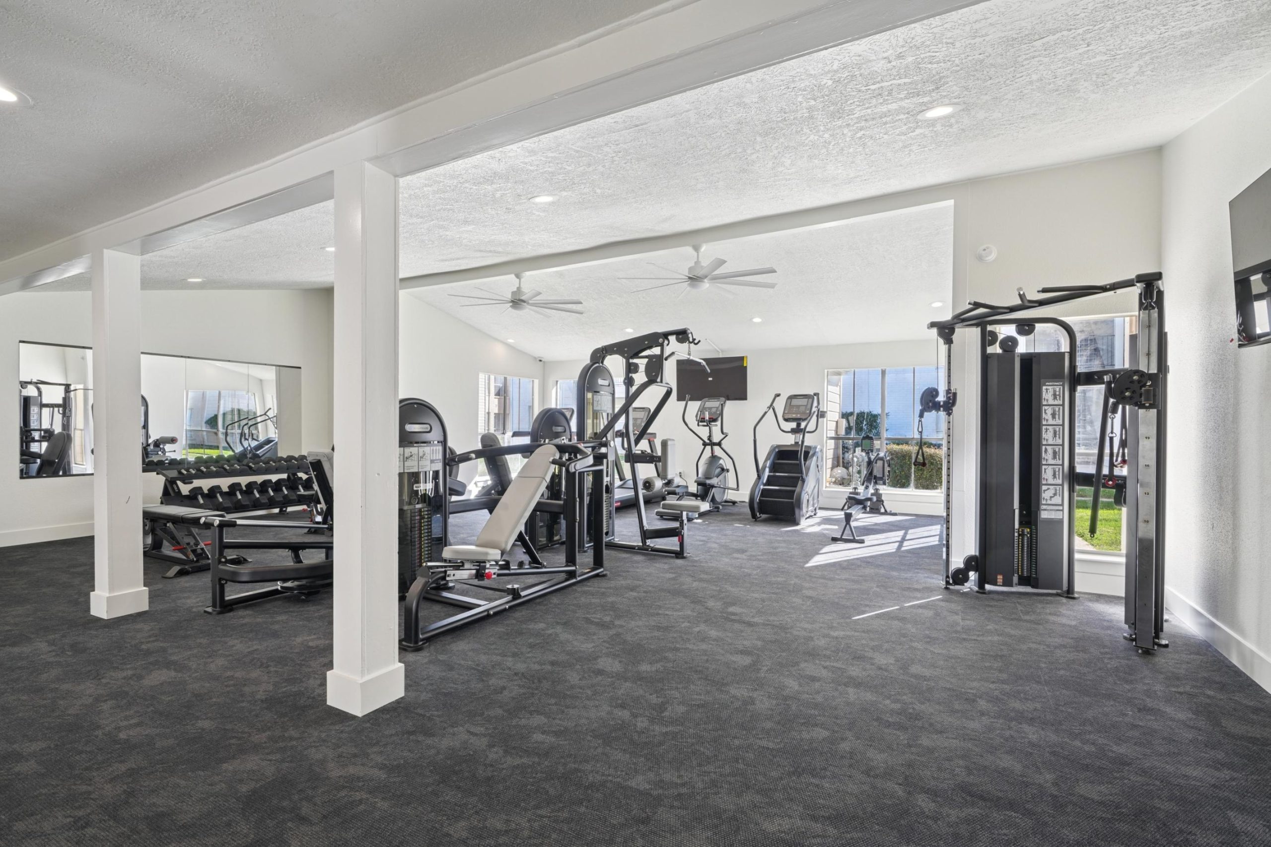 a large room with a lot of windows